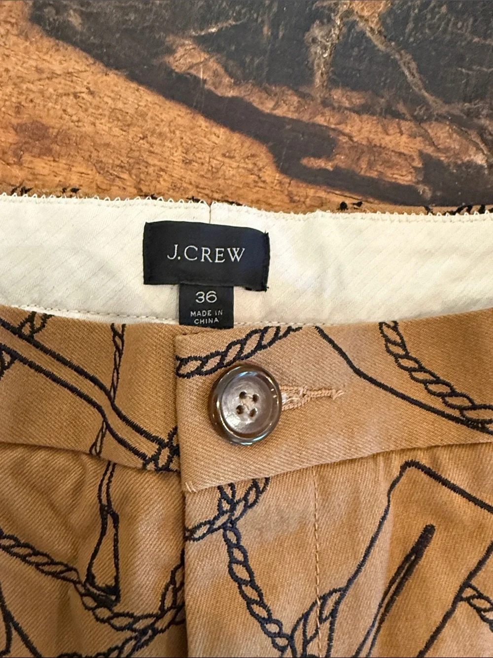 J. Crew Tan Chinos with Navy Rope & Oar chainstitch (not a print)